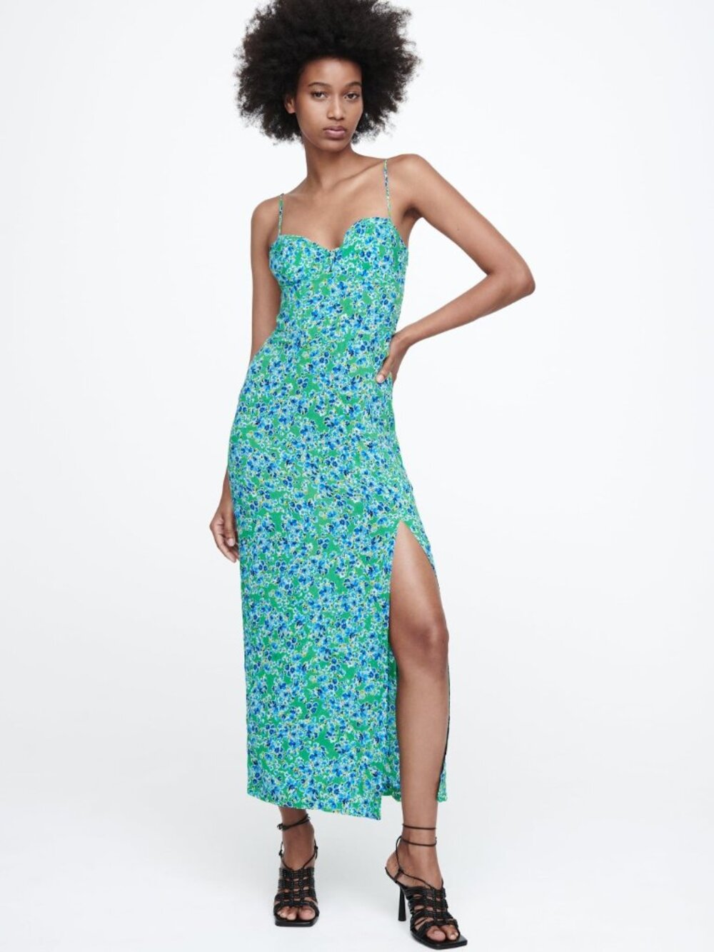 NWT Zara Green Blue Floral Midi Slip Dress | Vacation Wedding Guest